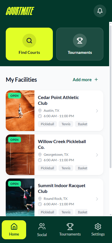 Courtmate player app — find and book courts near you